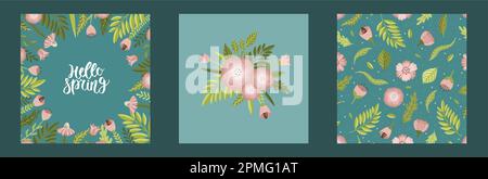 Vector seamless spring pattern with flowers, bouquets, plants Stock Vector