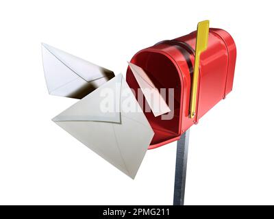 Some mail envelopes flying out from a red mailbox. Digital illustration, clipping path included. Stock Photo