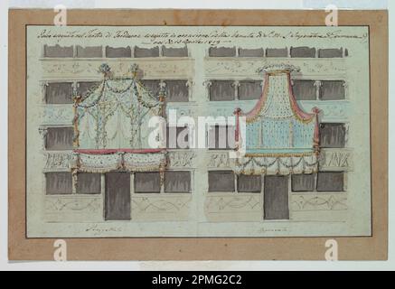 Drawing, Two Designs for Decoration of Boxes, Tor di Nona Theater, Rome; Designed by Giuseppe Valadier (Italian, 1762–1839); Italy; pen and gray ink, watercolor, over pencil Stock Photo