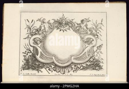 Bound Print, Cartouche with Putti and Dolphins; Designed by François de Cuvilliés the Elder (Belgian, active Germany, 1695 - 1768); Print Maker: Franz Xaver Andreas Jungwierth (German, 1720–1790); Germany; etching and engraving on paper; 18.2 × 24.7 cm (7 3/16 × 9 3/4 in.) Stock Photo