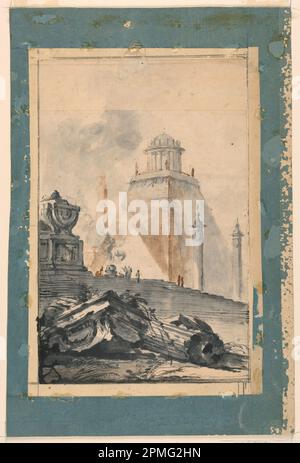 Drawing, Architectural Fantasy: A Circular Temple on a Truncated Pyramid; Louis-Joseph Le Lorrain (French, 1715–1759); France; brush and gray and brown wash, over black chalk on off-white laid paper with additions at top and bottom, lined with cardboard and border of blue laid paper; 27.9 x 22.5 cm (11 x 8 7/8 in.) Stock Photo