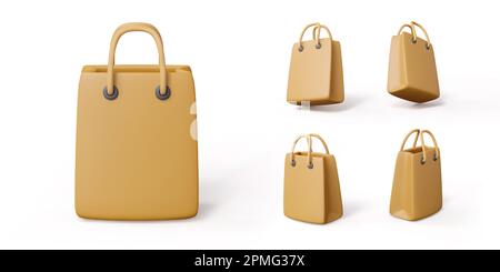 3D paper bag. Ecological packaging of goods. Set of shopping handbag isolated on white background. Vector illustration Stock Vector