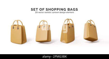 Paper package. Set of shopping bags. 3D realistic cartoon object. Gift container. Vector illustration Stock Vector