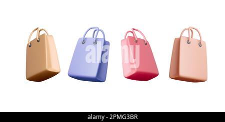 3D colorful shopping bags. Brown, blue, pink and red gift bag set. Vector illustration isolated on white Stock Vector