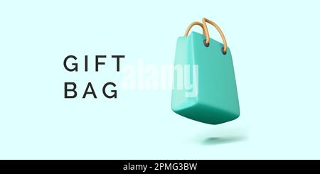 Paper gift bag in turquoise color. 3D realistic shopping bag for business banner. Vector illustration Stock Vector