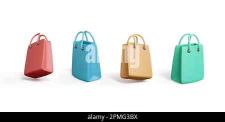 Set of 3d colorful paper bags. Shop bags in realistic cartoon style. Gift packages in red, blue, green and brown colors. Vector illustration isolated Stock Vector