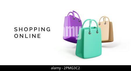 Colorful shopping bags in 3D style. Business banner for discount offers and mega sales. Vector illustration Stock Vector