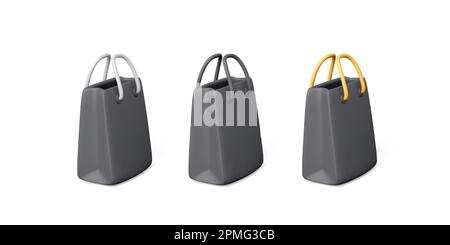 Set of black paper luxury gift package. 3D realistic cartoon mockup. Black shopping bag with white, black and yellow handle. Empty shopping bag for br Stock Vector