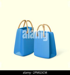 3D shopping bags. Blue paper gift packages with yellow handle. Discount offer business template. Realistic cartoon style design. Vector illustration Stock Vector