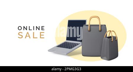 Online shopping concept. Laptop with black paper shop bags. Online sale promotion. 3D cartoon creative design element. Discount offer and sale promoti Stock Vector