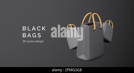 Black 3D shopping bags. Black friday banner. Paper gift bag. Market discount offer business template. Vector illustration Stock Vector
