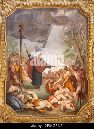 GENOVA, ITALY - MARCH 5, 2023: The fresco of Moses made a bronze snake in the church Basilica di Santa Maria delle Vigne from 18 - 19. cent. Stock Photo