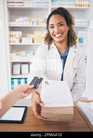 Credit card, pharmacy medicine or happy woman giving package to pov patient or customer shopping. Pharmacist help desk, payment or doctor with Stock Photo