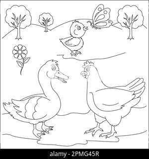 Hen, swan and baby chicken cartoon character coloring page. Coloring book for kids Stock Vector