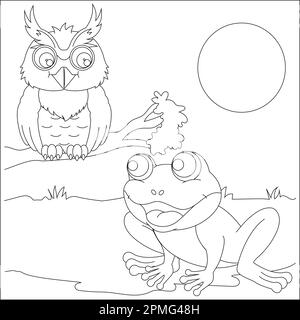 Frog and owl are talking coloring page. Coloring book for kids Stock Vector