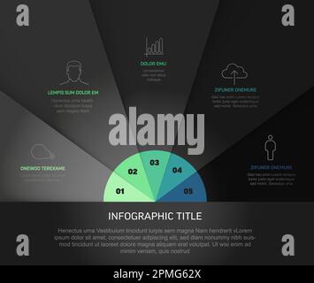 Vector multipurpose Infographic template with five elements, description, numbers and icons on fan black papers with red center and dark footer. Simpl Stock Vector