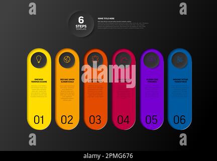 Vvector progress steps template with descriptions and icons in ovals - color version with text in vertical ovals and icons in dark gray circles. Multi Stock Vector