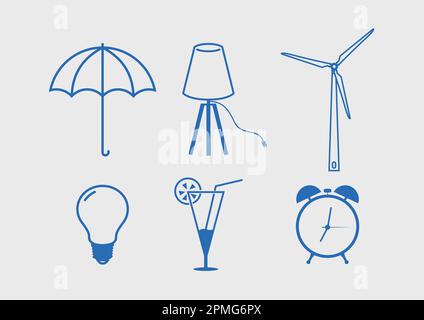 Set of different flat icons, wind energy, lamp, light bulb, umbrella, cocktail and clock Stock Vector