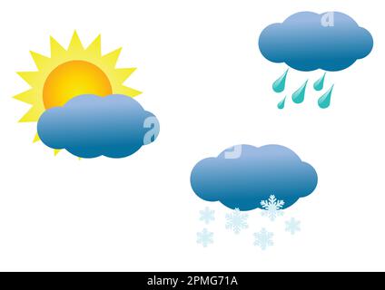 Weather icons set on transparent background. Vector illustration of blue clouds, sun, winter and thunderstorm Stock Vector