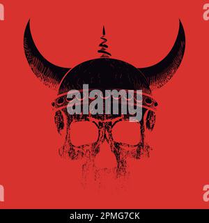 T-shirt illustration of a viking skull on a red background. Design to illustrate demonic themes Stock Vector