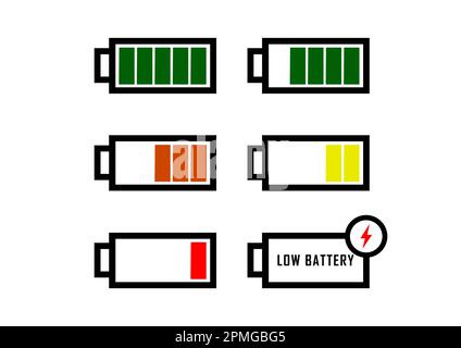 Battery charge design. Full charging power. Accumulator indicator. Full to low battery icon Stock Vector