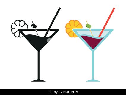 Black and white and color summer cocktail icon isolated on white background Stock Vector