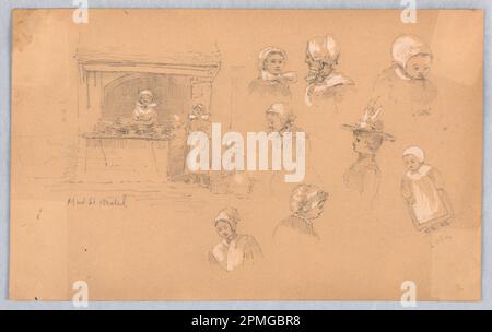 Drawing, Sketches of Townspeople in Mont St. Michel and Vitré; Francis Augustus Lathrop (American, 1849 - 1909); USA; graphite and white heightening on light brown paper; 14.3 × 23.2 cm (5 5/8 × 9 1/8 in.); 1914-38-344 Stock Photo