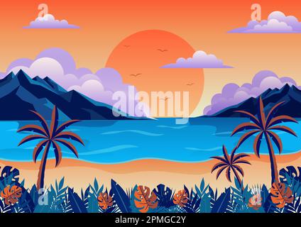 Beach Sunset View Wallpaper Vector Illustration Stock Vector