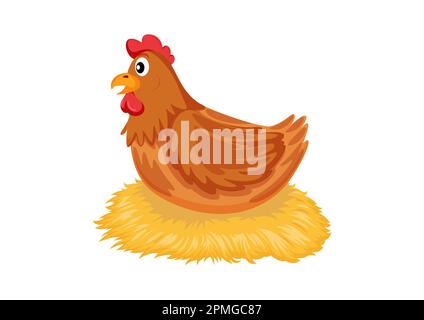 Cartoon hen incubating her eggs on nest of straw. Illustration of a hen sitting in a nest hatching eggs Stock Vector