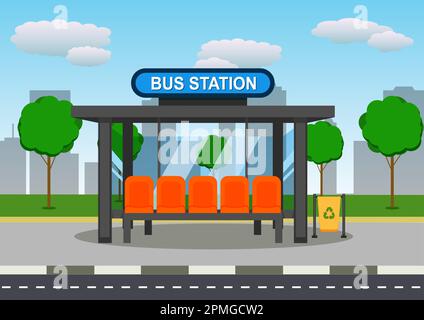 Bus Stop Station Vector Flat Design. Bus Stop With Cityscape In Background Stock Vector