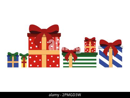 Christmas Gifts On White Background Vector. Christmas Presents On Flat Style Stock Vector