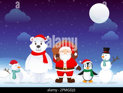 Christmas Background Design Vector. Santa Claus, Penguin, Polar Bear, Snowman Cartoon Characters Stock Vector