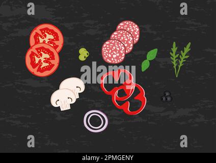 Delicious pizza topping vector illustration. Salami slices, tomatoes, peppers, olives, mushrooms Stock Vector