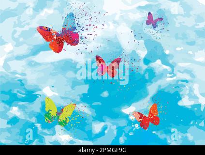 Dispersing painted butterflies. Blue Abstract painting, painted butterflies Stock Vector