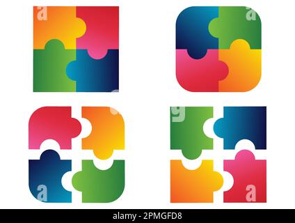 Colorful jigsaw puzzle. Rounded and squared colorful jigsaw puzzle pieces isolated on white Background Stock Vector