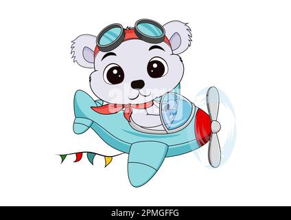 Cute cartoon bear flying on a plane isolated on white background Stock Vector