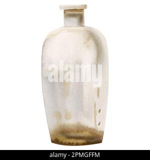 Watercolor old glass bottle or transparent vase isolated on white background. Hand drawn vintage illustration in rustic style. Stock Photo