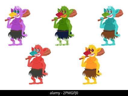 Five different colored Goblins. Set of goblin or troll with hunting tool isolated on white background. Vector illustration of Five different colored G Stock Vector