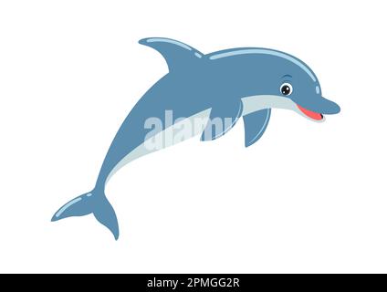 Cute Cartoon Dolphin in flat style. Vector illustration of dolphin isolated on white background Stock Vector