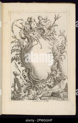 Bound Print, Cartouche with Two Putti and a Mermaid, Livre de Cartouches à divers usages (Book of Cartouches for Different Uses); Designed by François de Cuvilliés the Elder (Belgian, active Germany, 1695 - 1768); Engraved by Franz Xaver Andreas Jungwierth (German, 1720–1790); Germany; etching and engraving on paper; 28 × 18.7 cm (11 × 7 3/8 in.) Stock Photo