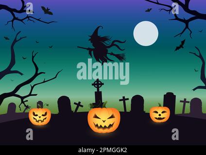 Halloween, full moon, witch, cemetery, graves, pumpkin and bats Stock Vector