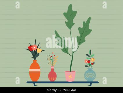 Indoor plants in colorful vases in flat style. Beautiful interior decoration Stock Vector