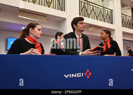 Paris, France. 13th Apr, 2023. Illustration of the hosts and hostess during the Vinci General Meeting in Paris on April 13, 2023. Photo by Tomas Stevens/ABACAPRESS.COM Credit: Abaca Press/Alamy Live News Stock Photo