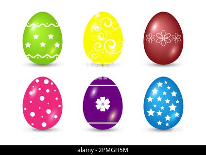 Illustration of six different color easter eggs on a white background. Set of six colorful eggs with pattern Stock Vector