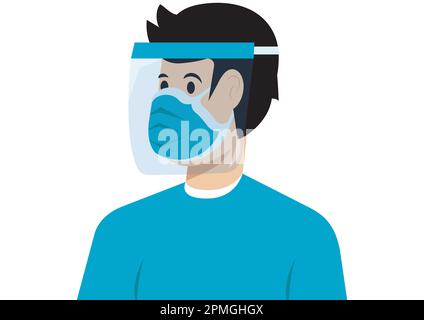 Man wearing a face shield and face mask to protect him from the coronavirus. Face shield mask for personal protection. Mask, face protection Stock Vector
