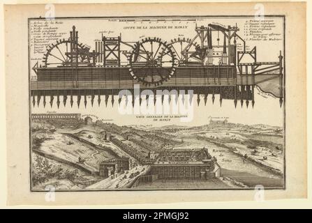 Print, The Machine de Marly: Section and Aerial View; After Nicolas de Fer (French, 1646–1720); Print Maker: Charles Inselin (French, b. ca. 1673); France; etching; Platemark: 23.4 x 34.1 cm (9 3/16 x 13 7/16 in. ); sheet 26.4 x 39.1 cm (10 3/8 x 15 3/8 in.) Stock Photo