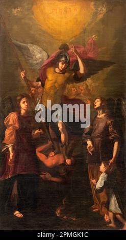 GENOVA, ITALY - MARCH 6, 2023: The painting of archangels Michael, Gabriel and Raphael in the church Basilica della Santissima Annunziata del Vastato Stock Photo