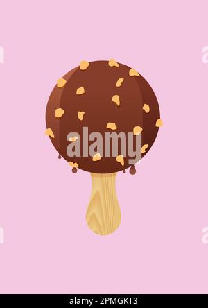 Round Chocolate Ice Cream With Nuts Vector Illustration Isolated on Pink Background Stock Vector