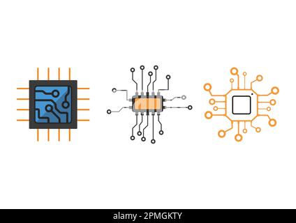 Set of microchips with artificial intelligence isolated on white background Stock Vector