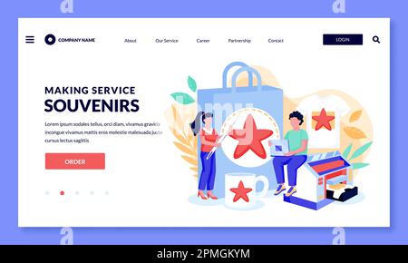 Making souvenirs service or print shop concept. Custom branding design and business merch. People work in copy center. Vector flat cartoon illustratio Stock Vector